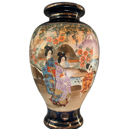 Antique Japanese Satsuma Cobalt Blue Baluster Vase – Meiji Period Geisha & Autumn Landscape Panels, c. 1890–1920