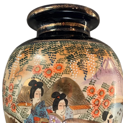 Antique Japanese Satsuma Cobalt Blue Baluster Vase – Meiji Period Geisha & Autumn Landscape Panels, c. 1890–1920