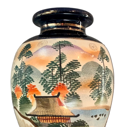 Antique Japanese Satsuma Cobalt Blue Baluster Vase – Meiji Period Geisha & Autumn Landscape Panels, c. 1890–1920