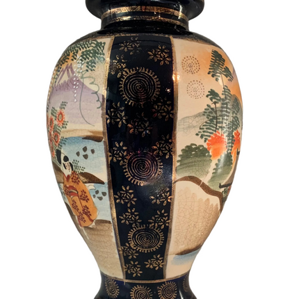 Antique Japanese Satsuma Cobalt Blue Baluster Vase – Meiji Period Geisha & Autumn Landscape Panels, c. 1890–1920