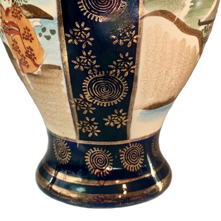 Antique Japanese Satsuma Cobalt Blue Baluster Vase – Meiji Period Geisha & Autumn Landscape Panels, c. 1890–1920