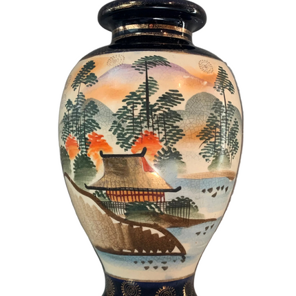 Antique Japanese Satsuma Cobalt Blue Baluster Vase – Meiji Period Geisha & Autumn Landscape Panels, c. 1890–1920