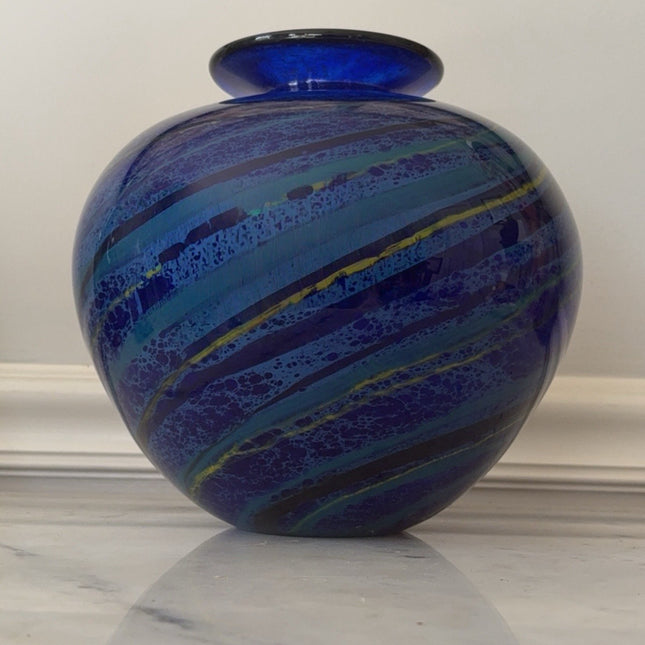Ioan Nemtoi Hand-Blown Storm Ball Art Glass Vase - Cobalt Blue with Teal Swirls & Orange Accents - Original Studio Piece