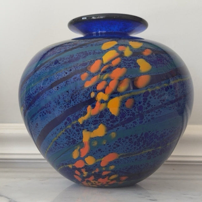 Ioan Nemtoi Hand-Blown Storm Ball Art Glass Vase - Cobalt Blue with Teal Swirls & Orange Accents - Original Studio Piece